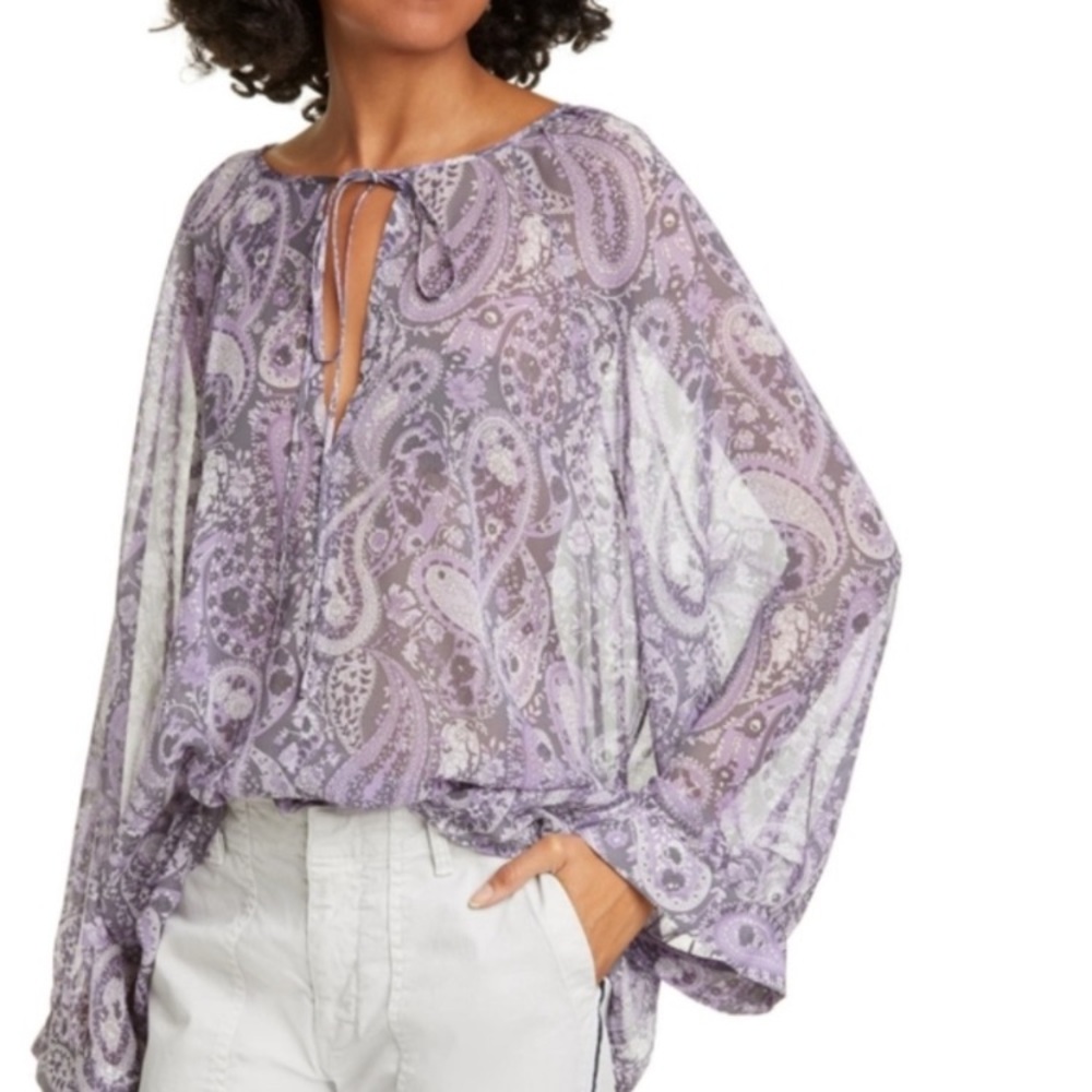 Nili Lotan Lavender Paisley Sheer Long-Sleeve Bodysuit